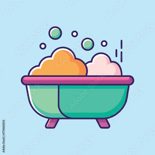 Colorful cartoon bathtub filled with bubbles, ready for a relaxing bath time