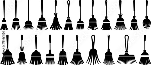 Broom Silhouettes: An array of unique broom silhouettes showcases a variety of styles and shapes, suitable for cleaning.