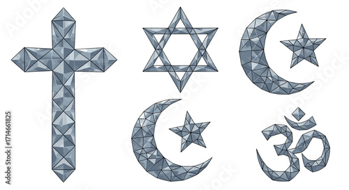 Illustration of various religious symbols with geometric gray patterns