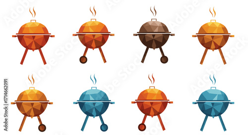 Illustration of eight polygonal grills in various colors on white background