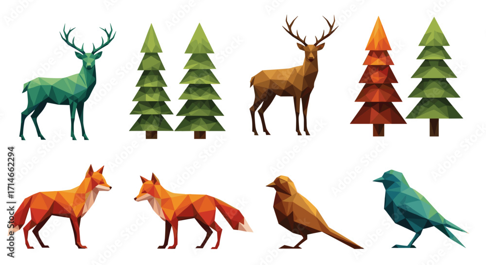 Obraz premium Geometric animal and tree collection including deer fox and birds artful