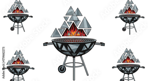 Illustration of multiple charcoal grills with geometric fire above them