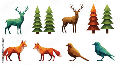 Geometric animal and tree collection including deer fox and birds artful