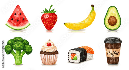 Polygonal style illustration of various food items on a white background