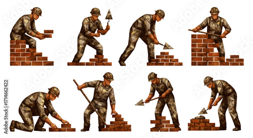Illustrations of a bricklayer building a wall in various positions and tools