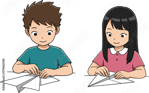Cartoon boy and girl folding paper airplanes, kids making origami planes, fun DIY craft activity for children at school.