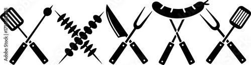 BBQ Elements: A graphic representation of barbeque tools and food, including a skewer, knife, fork, and spatula, arranged in a pattern on a solid surface. A symbolic image of grilling essentials.