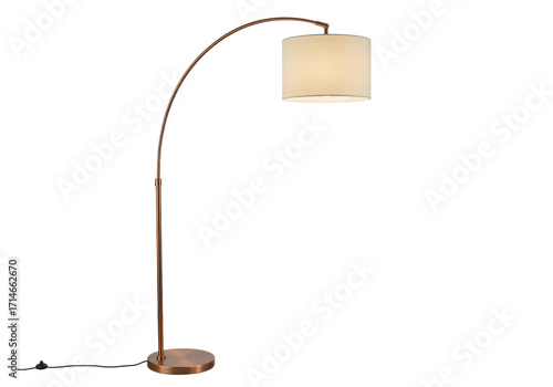 Isolated arched floor lamp with brass finish and shade for residential interior lighting