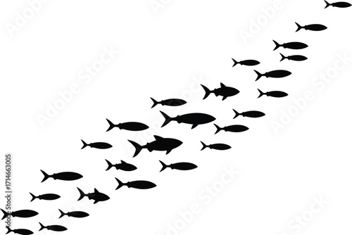 Fish silhouettes vector, aquatic animal design, marine life clipart, school of fish illustration, underwater movement, black fish icons, nature-inspired art