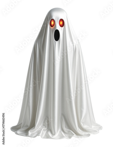 Terrifying Red-Eyed Ghost in Flowing White Sheet with Black Mouth, Classic Halloween Spirit with Realistic Shadows and Folds, Isolated on Transparent and White Background