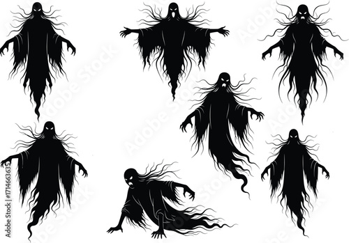 Ghost silhouette vector illustration, spooky floating spirits, eerie Halloween design, haunted misty figures, spectral horror elements, creepy phantom shapes, supernatural clipart
