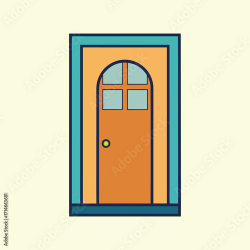 Illustration of an arched door with small windows on a turquoise background