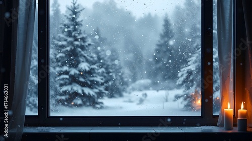 Cozy, warm interior view through a window onto a heavily falling snow scene with pine trees. Two lit candles on the sill create a peaceful Christmas atmosphere