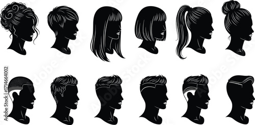Hairstyle silhouette vector set, male and female haircut icons, trendy hair designs, buzz cut, ponytail, fade, bun, pixie, bob, undercut