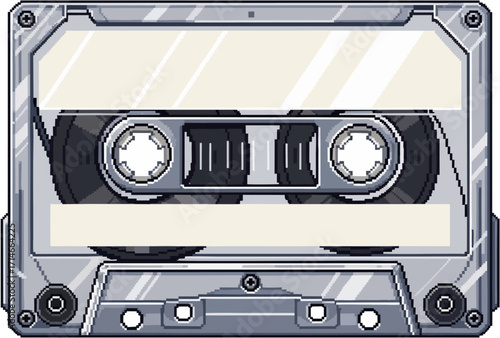 A pixelated illustration of a retro audio cassette tape, showing its internal components.