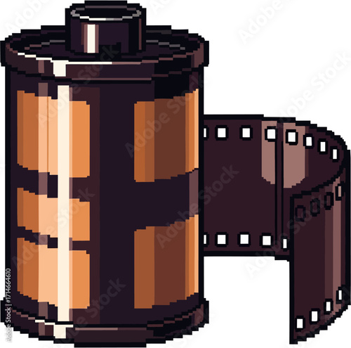 A pixel art illustration of a 35mm film canister with exposed film strip, rendered in a retro, 8-bit style.