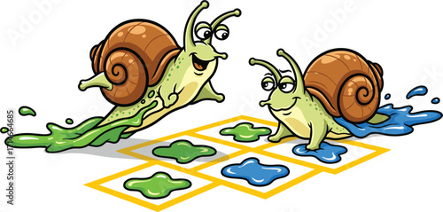 Two cartoon snails playing a game of tic tac toe with slime