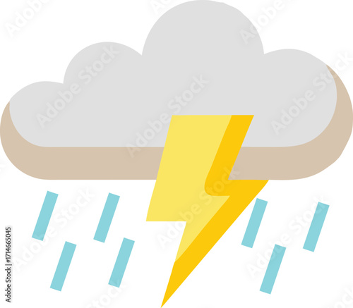 Illustration of a gray cloud with a yellow lightning bolt and blue raindrops indicating a storm weather