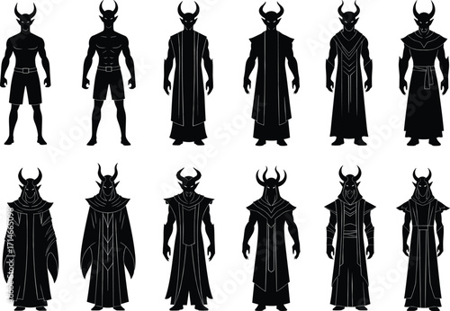 Horned warrior silhouette characters, fantasy demon costume design, black vector figures, battle-ready poses, tribal armor, cloak variations, stock illustration set