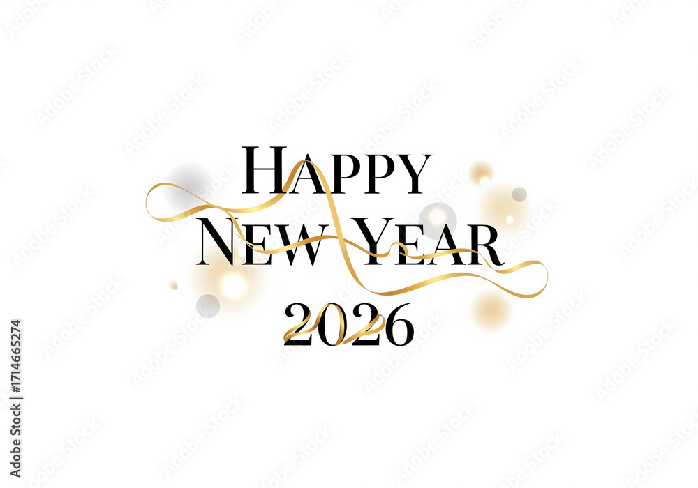 Fototapeta premium Happy New Year 2026 – Decorative Gold Typography with Sparkles and Stars on Dark Background