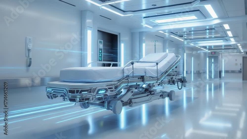 Futuristic Hospital Bed in a Modern Clinic Hallway.