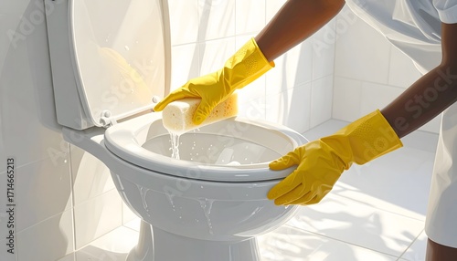 Cleanliness is next to godliness with a toilet being cleaned, Fresh start: a person cleans a toilet in a bright, modern bathroom with yellow gloves