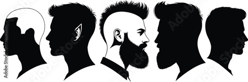 Male head silhouettes, mohawk hairstyle, beard styles, fantasy elf profile, modern grooming, vector illustration, side view, character design, barbershop icons