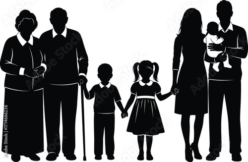 Multigenerational family silhouette, elderly couple with cane, parents and children, generational unity, black vector illustration, family bond, stock art, isolated graphic