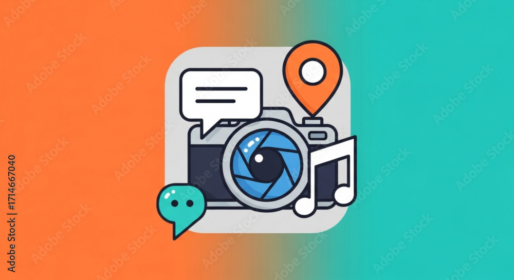 Fototapeta premium Camera photography location message music app social media sharing photo editing application icon design