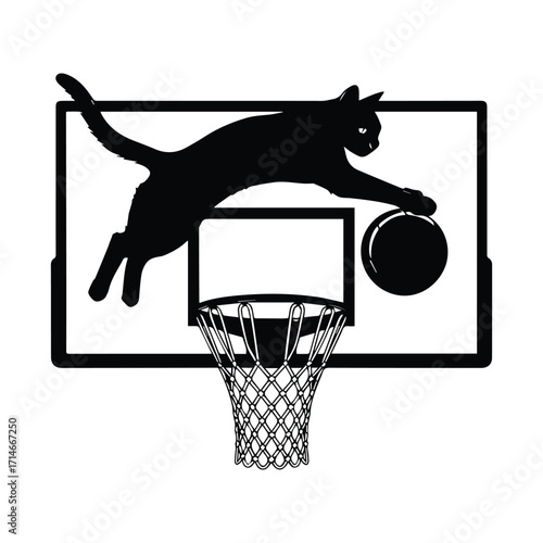 Black cat silhouette leaping to dunk a basketball on a hoop