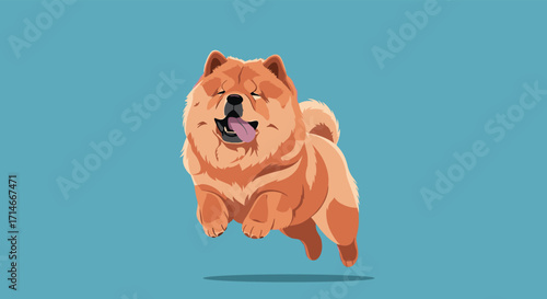 A fluffy chow chow dog with its tongue out jumps joyfully against a blue background.