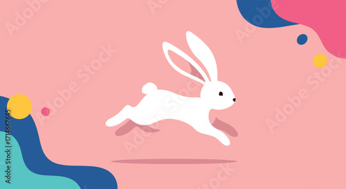 A whimsical white rabbit hops joyfully across a pastel pink background with abstract organic shapes.