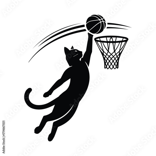 Dynamic black cat silhouette performing a slam dunk on a basketball hoop silhouette