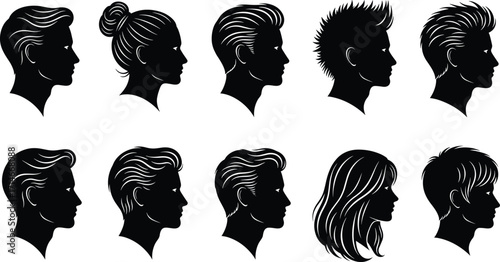 Silhouette hairstyle profile set, male and female head shapes, trendy haircut collection, vector side view, black hair design, fashion concept