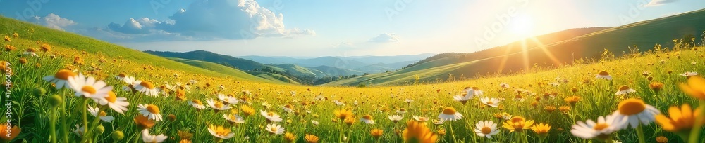Fototapeta premium A serene landscape featuring a sun-drenched field of wildflowers, rolling hills, and a clear blue sky; evokes feelings of peace and tranquility, perfect for well-being themes , flora, well-being