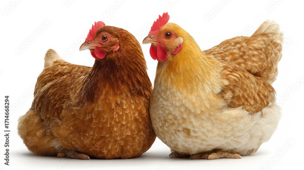 Naklejka premium A studio photo of two hens isolated on white 