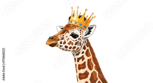 Majestic giraffe proudly wears a golden crown adorned with sparkling jewels.