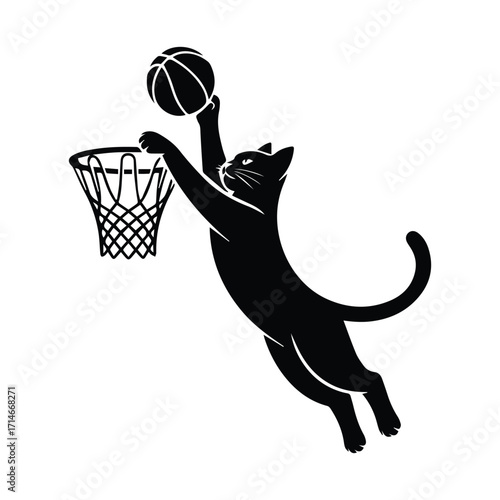 Playful black cat silhouette leaping to dunk a basketball into a hoop silhouette