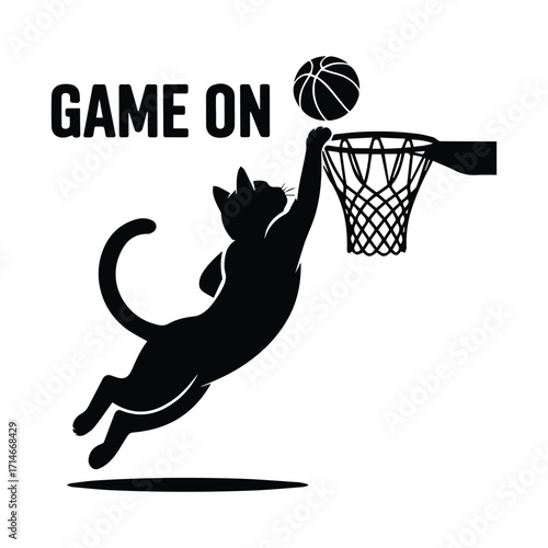 Playful cat silhouette leaping to score a basketball in a hoop game on