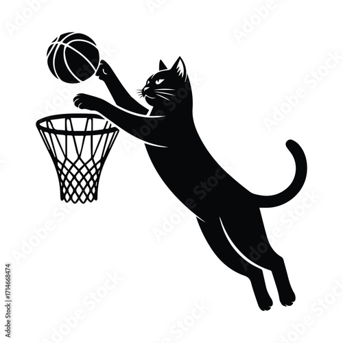 Black cat silhouette in mid air playing basketball and dunking silhouette