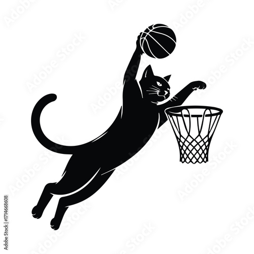 Black cat silhouette performing a dynamic basketball slam dunk silhouette