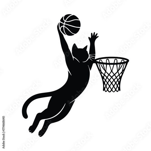Dynamic black cat silhouette performing a basketball slam dunk silhouette