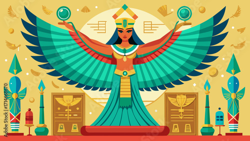 Egyptian goddess isis with wings and hieroglyphs