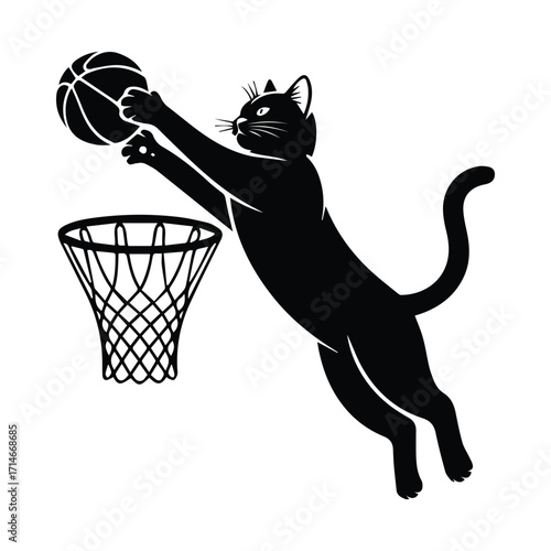 Black cat in silhouette leaping to dunk a basketball into a hoop silhouette
