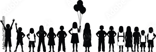 Silhouette of diverse children standing in row, playful poses, holding balloons, group unity, childhood celebration, happy kids, black vector illustration