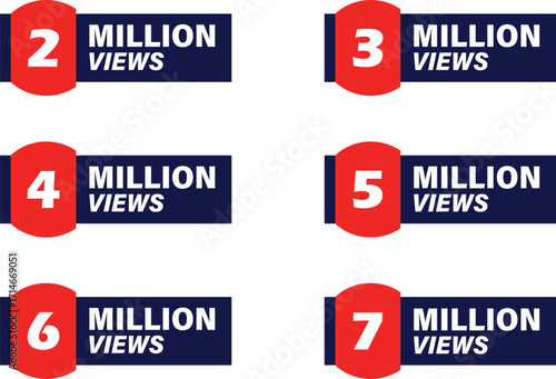 Red and navy blue million views set from two to seven