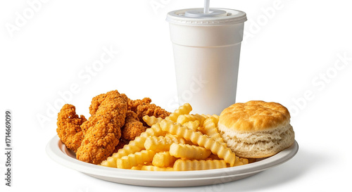 Photo of a plate of crispy chicken tenders, french fries, a biscuit, and a drink