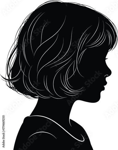 Silhouette of young person, profile view, short bob hairstyle, minimal vector art, black and white design, modern identity illustration, artistic concept