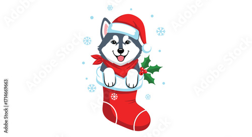 Cute husky puppy wearing a santa hat peeking out of a christmas stocking.