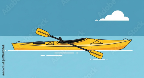 Yellow kayak with paddle vector illustration for water sports adventure and recreation activities on the lake